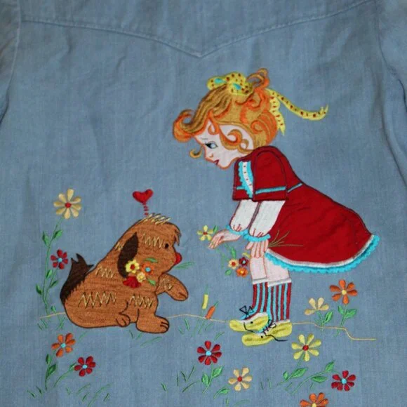Vtg Penney's International Imports Embroidered Dog Girl Denim Jeans Shirt Set